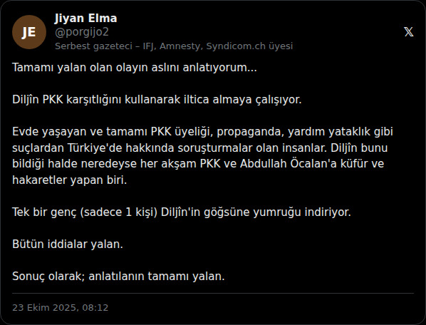 Jiyan Elma's post denying the victim's account (23 October 2025)