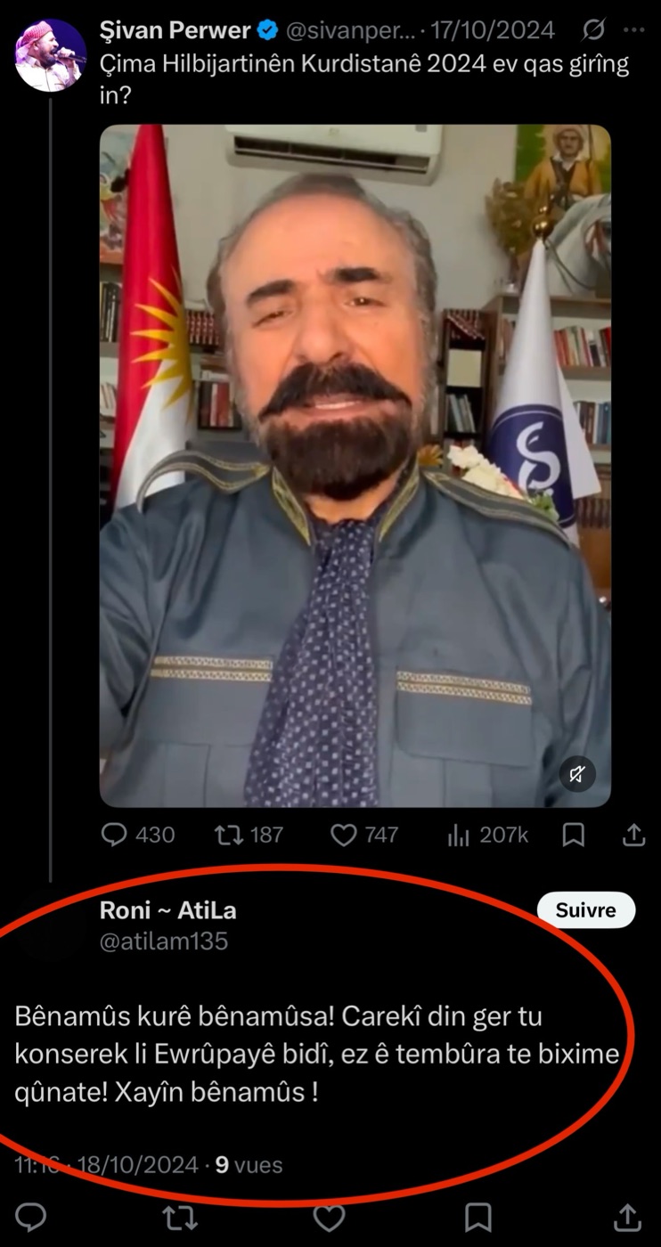 Minaccia di Mahmut Atila rivolta all'artista Şivan PERWER (18.10.2024)