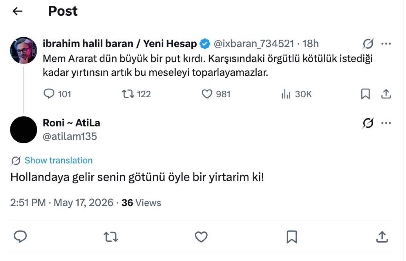 Minaccia di Mahmut Atila rivolta a İbrahim Halil BARAN (17.05.2026)