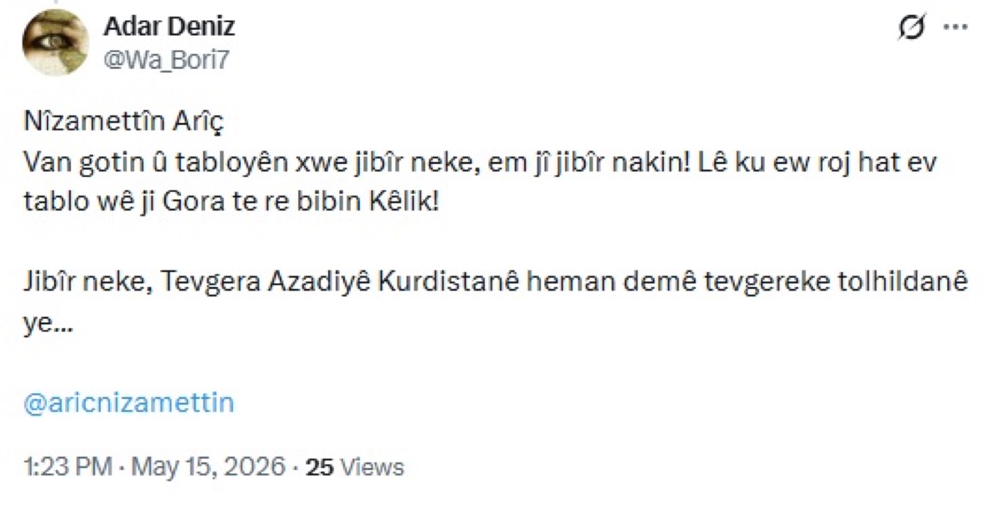 Minaccia di Selman ASLAN (@Wa_Bori7) rivolta all'artista Nizamettin ARİÇ (15.05.2026)