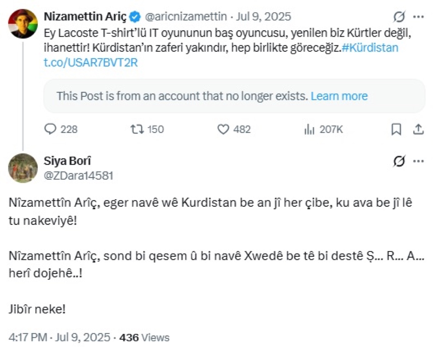 Minaccia di Selman ASLAN (@ZDara14581) rivolta a Nizamettin ARİÇ (09.07.2025)