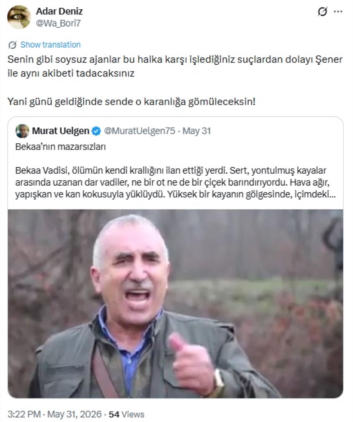 Minaccia di Selman ASLAN (@Wa_Bori7) rivolta allo scrittore Murat ÜLGEN (31.05.2026)