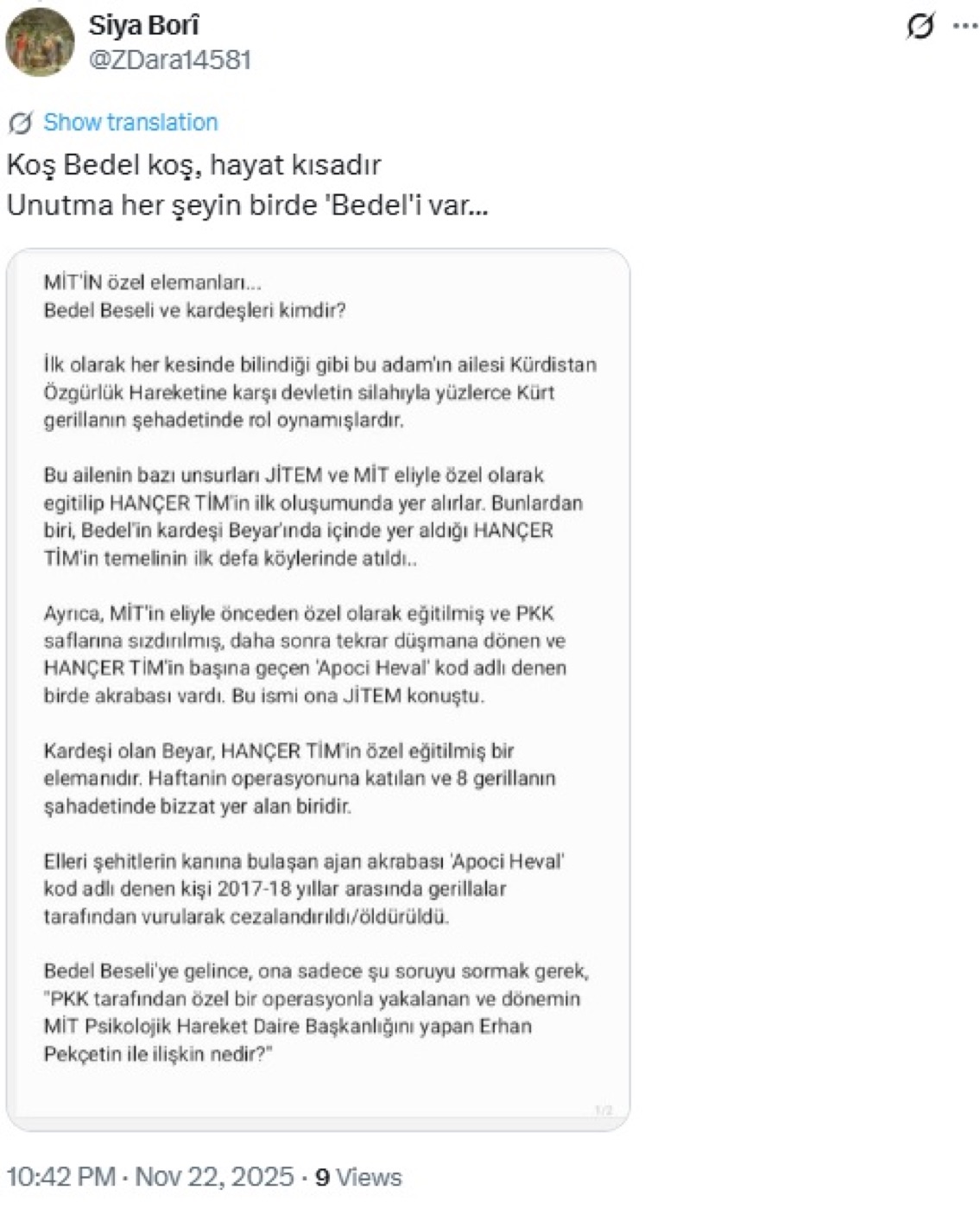 Minaccia di Selman ASLAN (@ZDara14581) rivolta allo storico Bedel BOSELİ (22.11.2025)