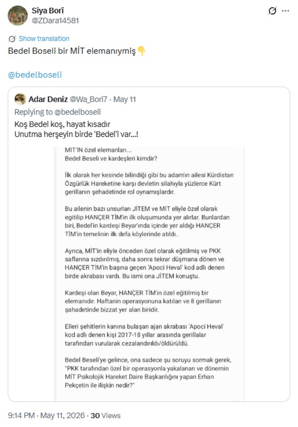 Attacco diffamatorio di Selman ASLAN contro lo storico Bedel BOSELİ e la sua famiglia