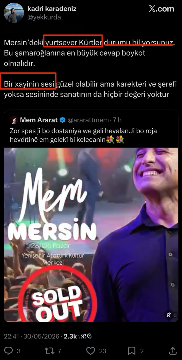 Post di Kadri KARADENİZ contro il concerto di Mem ARARAT a Mersin (30.05.2026)
