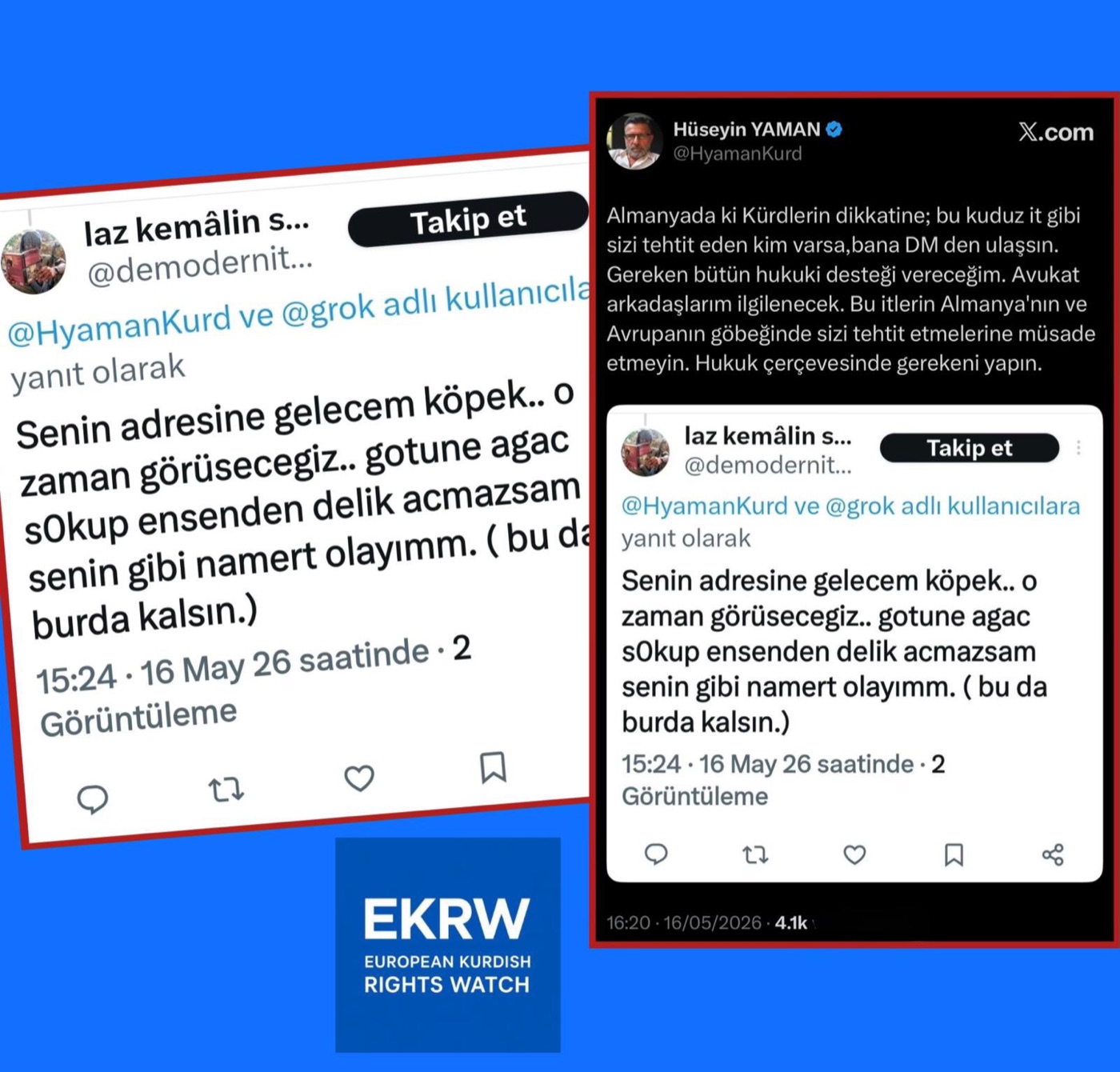 Minaccia di morte dell'account "Laz Kemal'in Selamı" rivolta a Hüseyin YAMAN (16.05.2026)