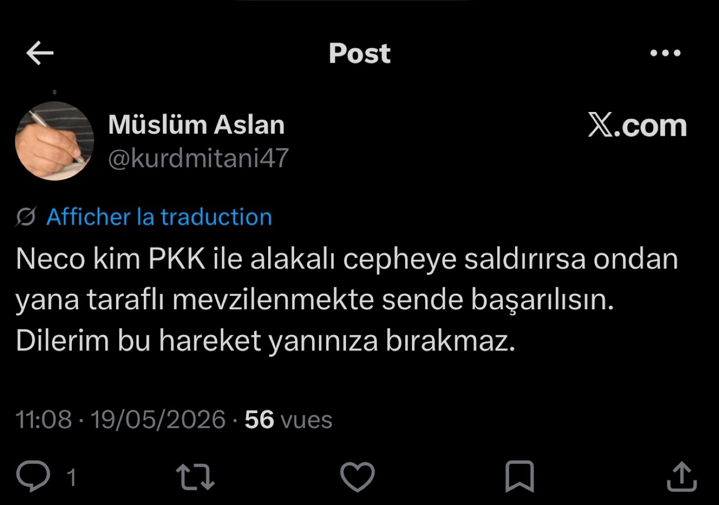 Minaccia di Müslüm ASLAN rivolta a Necat ZANYAR (19.05.2026)