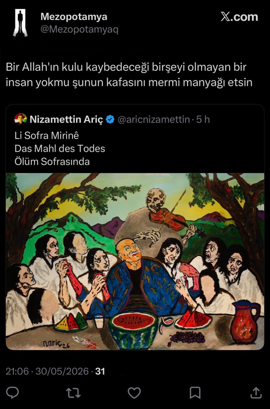 Appello all'assassinio da parte di un account falso contro l'artista Nizamettin ARİÇ (30.05.2026)
