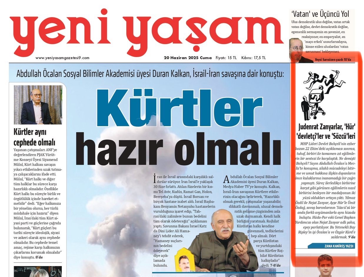 Görsel 1: Yeni Yaşam gazetesinin 20 Haziran 2025 tarihli ilk sayfası
