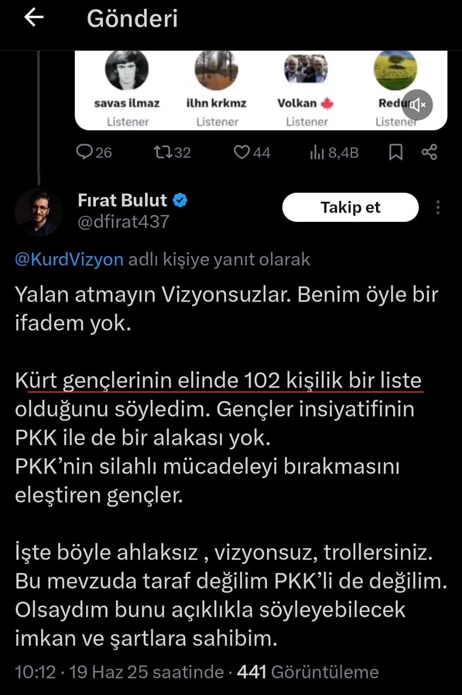 Görsel 4: Fırat Bulut'un 19 Haziran 2025 tarihli Twitter/X paylaşımı