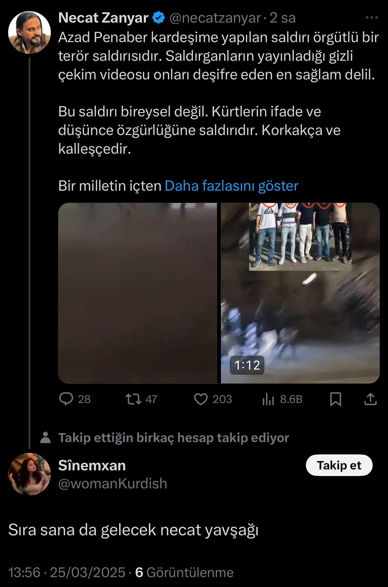 Görsel 9c: Necat Zanyar'a yönelik tehdit paylaşımı